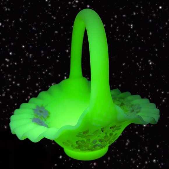 Fenton Basket Custard Uranium Glass Satin Textured Ruffled Signed J Brown Floral - Picture 2 of 14